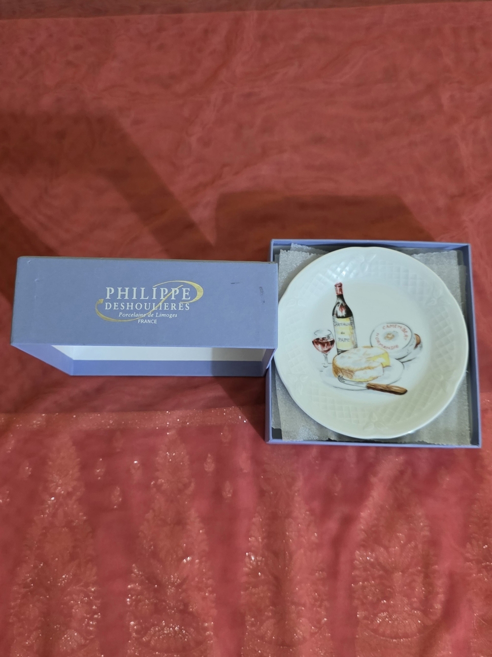 Philippe Deshoulieres White Porcelain Plate Set Wine & Cheese Motif Discontinued